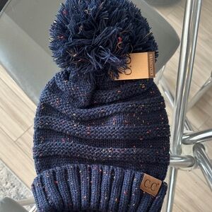 CC Navy blue Oversized Speckled Pom-Pom Beanie